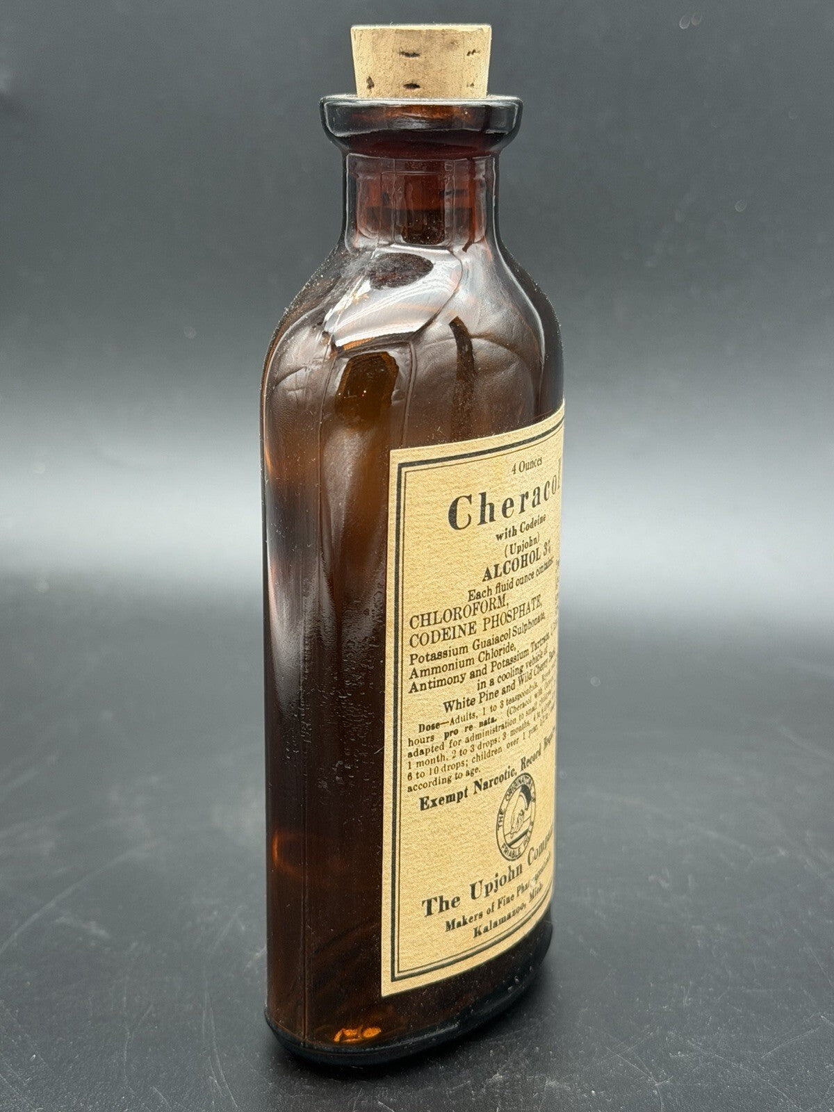 Vintage Upjohn Cheracol with Codeine 4 Oz Amber Medicine Bottle Original Label