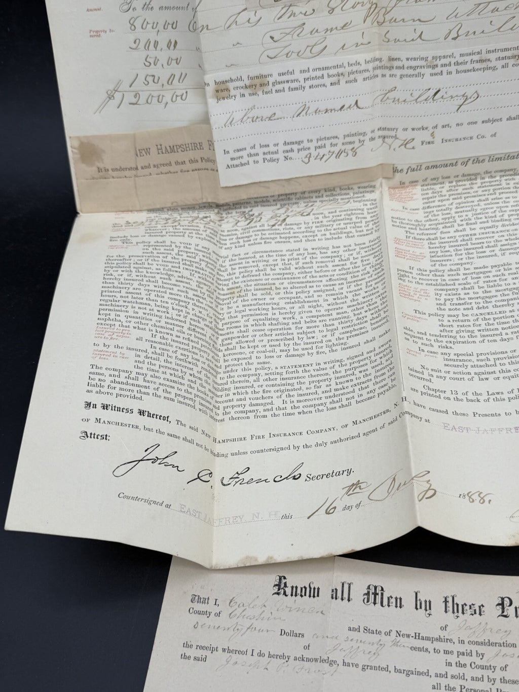 Antique 1880s NH Ephemera Lot: Insurance Policies, Handwritten Letter, Legal Doc
