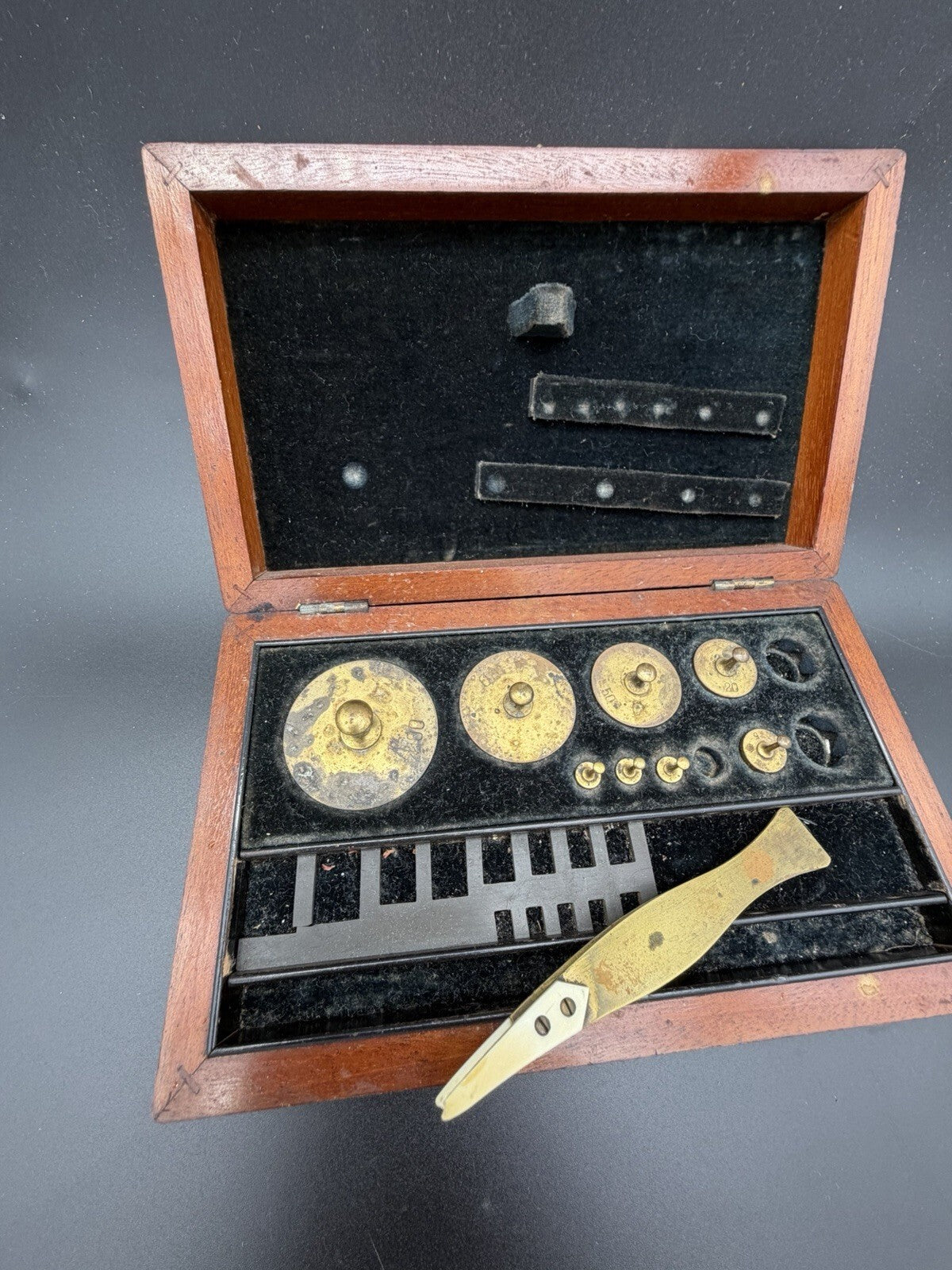 Antique Brass Apothecary Scale Weight Set Partial Wooden Box Assay Parts
