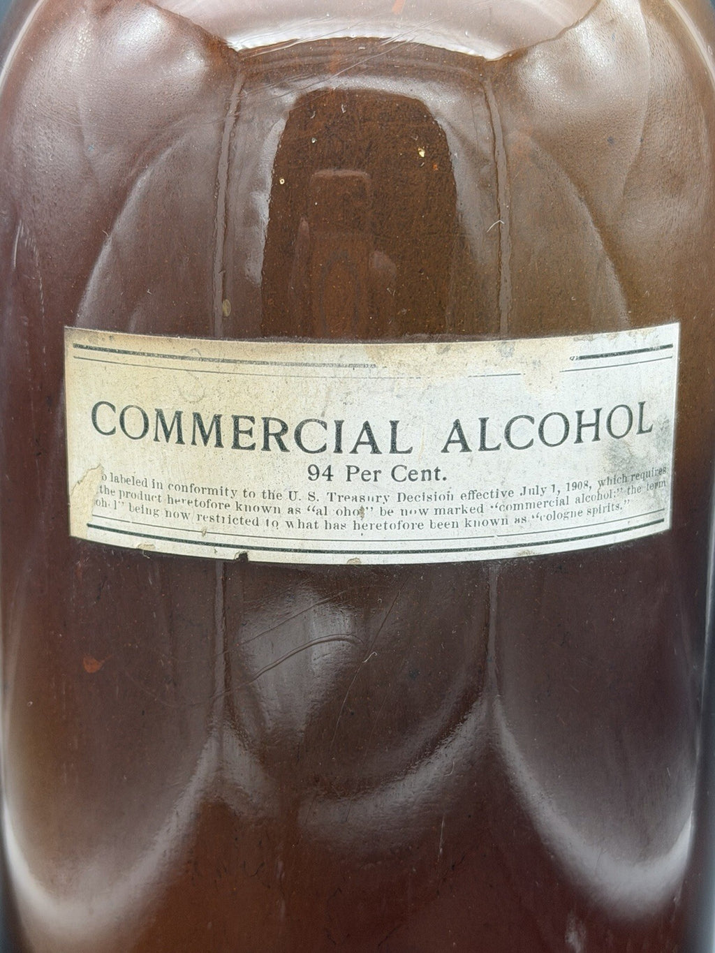 Antique Amber Glass Apothecary Bottle Commercial Alcohol 94% Label 1908 11.5