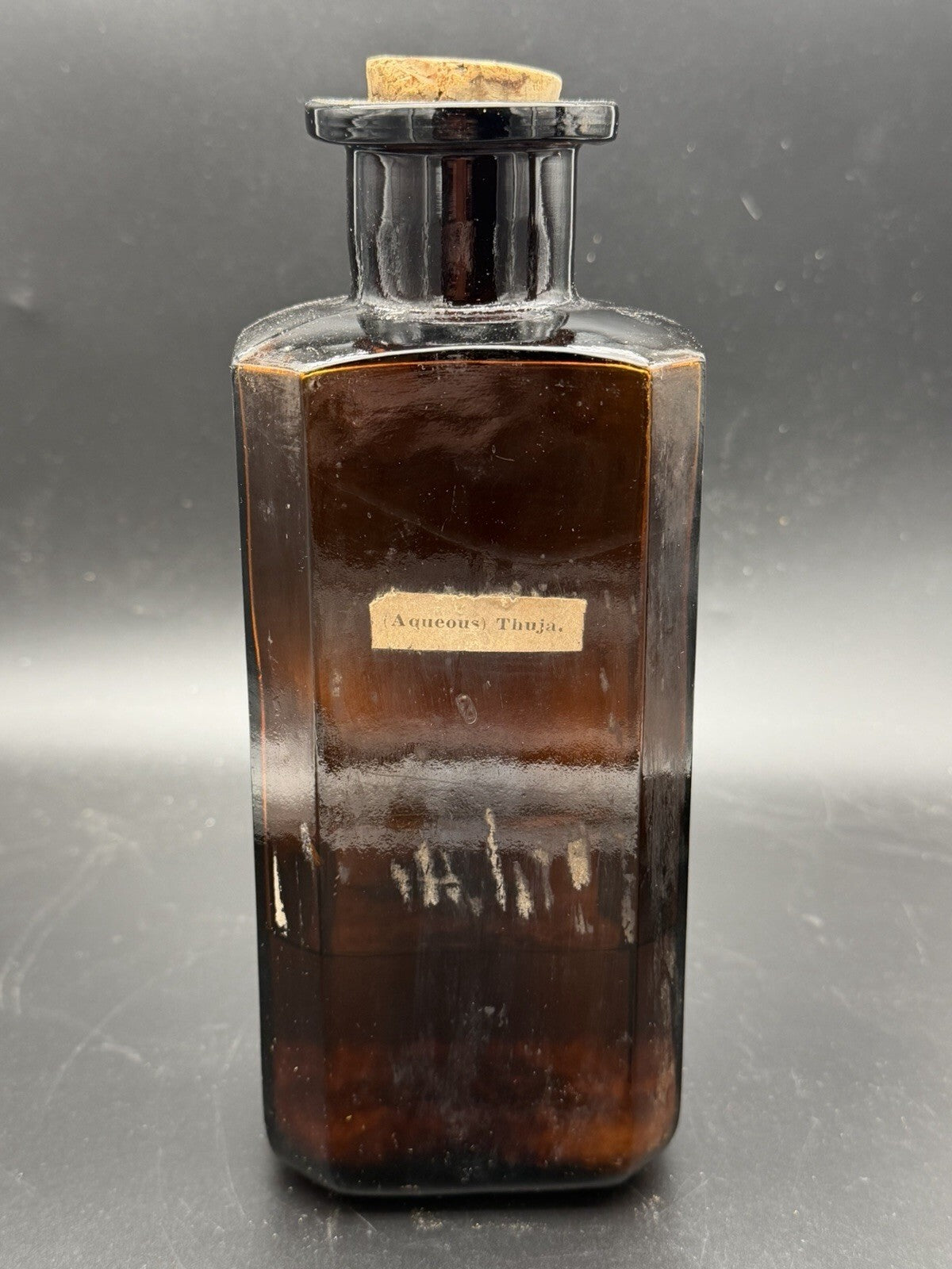 Antique Amber Apothecary Bottle (Aqueous) Thuja Pharmacy Display Jar Cork