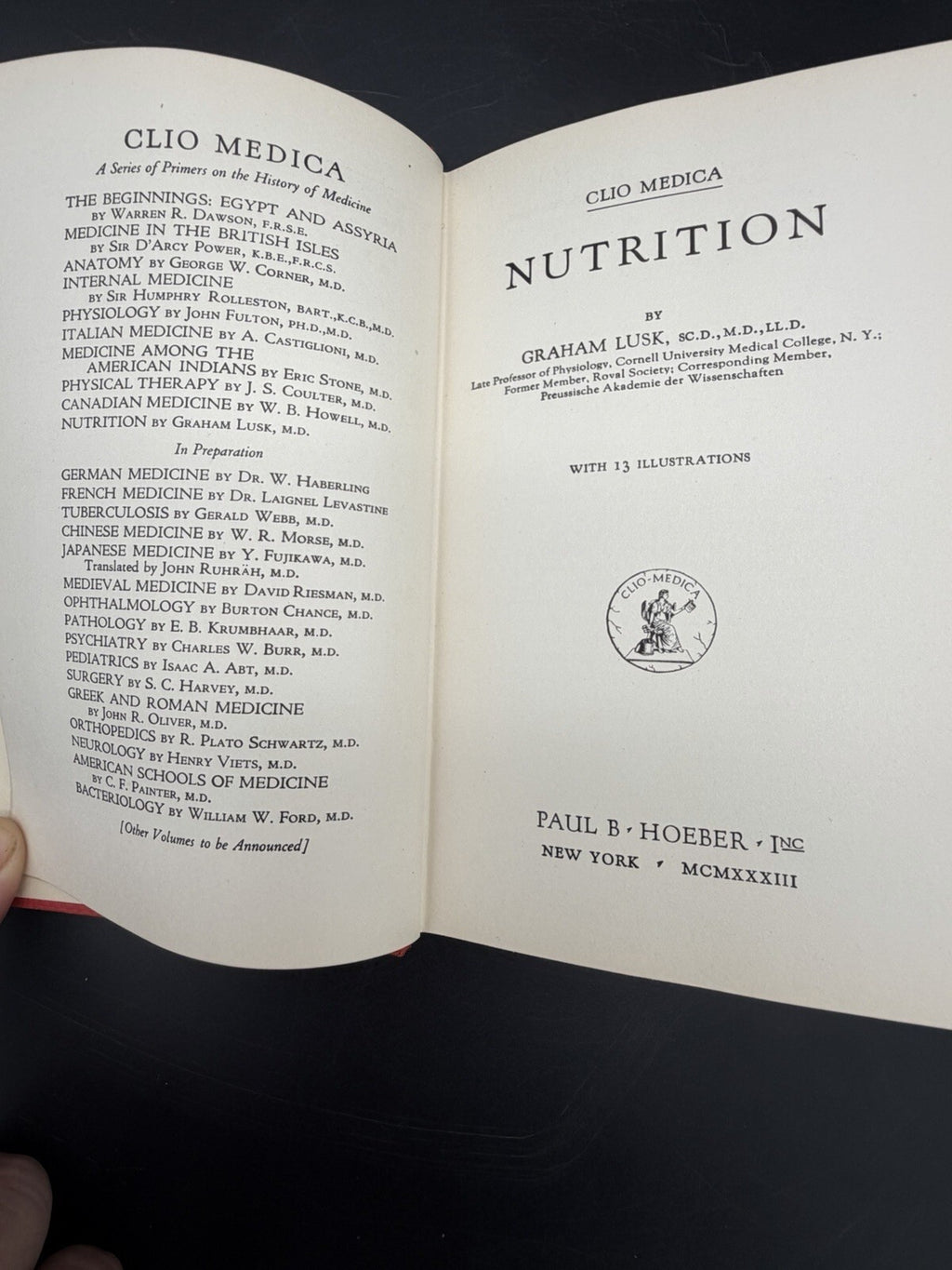 Antique Book, 1933 Nutrition Graham Lusk Clio Medica History of Medicine Vol X First Edition