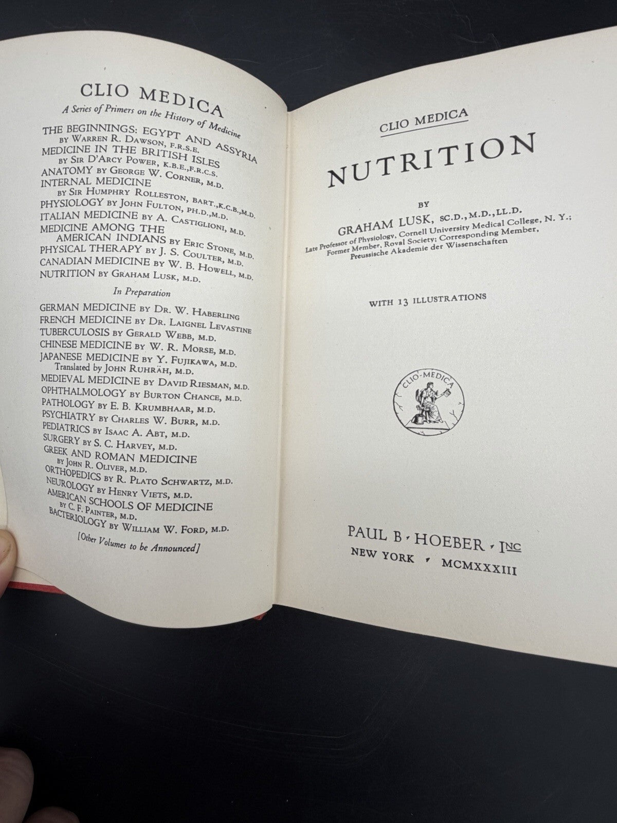 Antique Book, 1933 Nutrition Graham Lusk Clio Medica History of Medicine Vol X First Edition