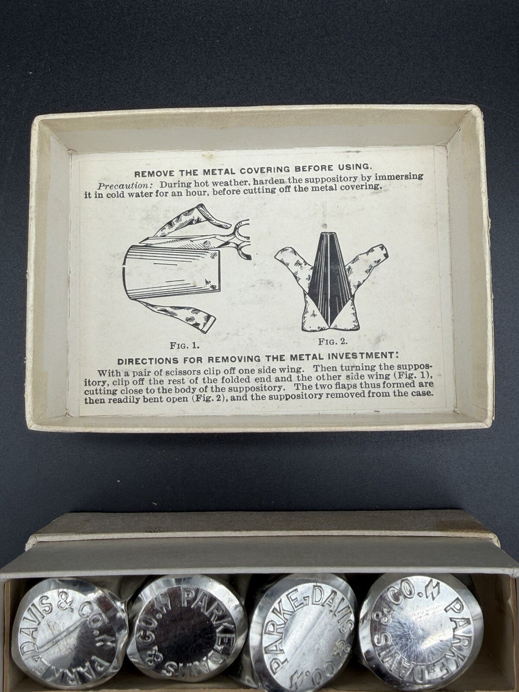 Antique Parke Davis and Co. Metal Foil Suppository Box with Inserts