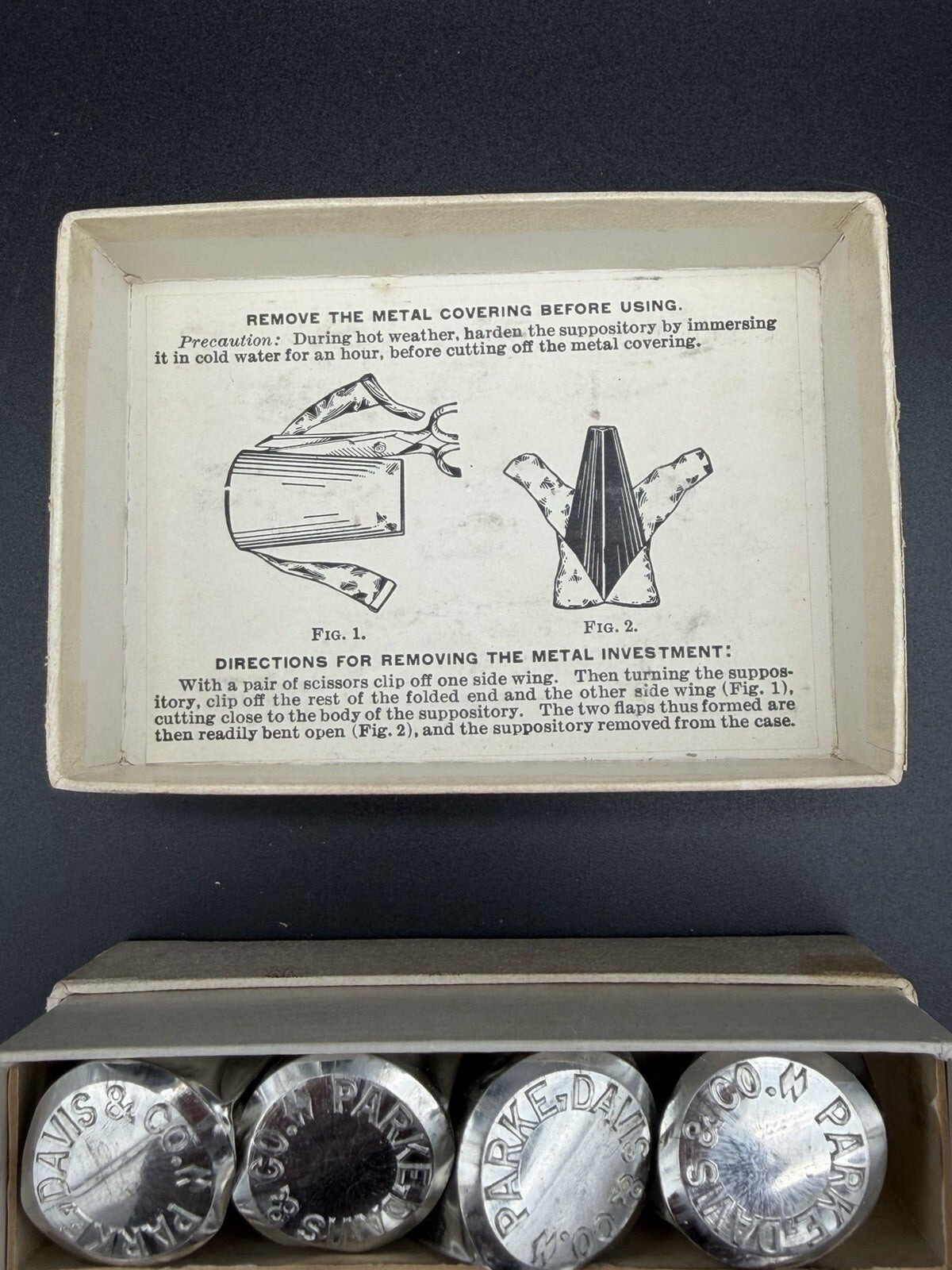 Antique Parke Davis and Co. Metal Foil Suppository Box with Inserts