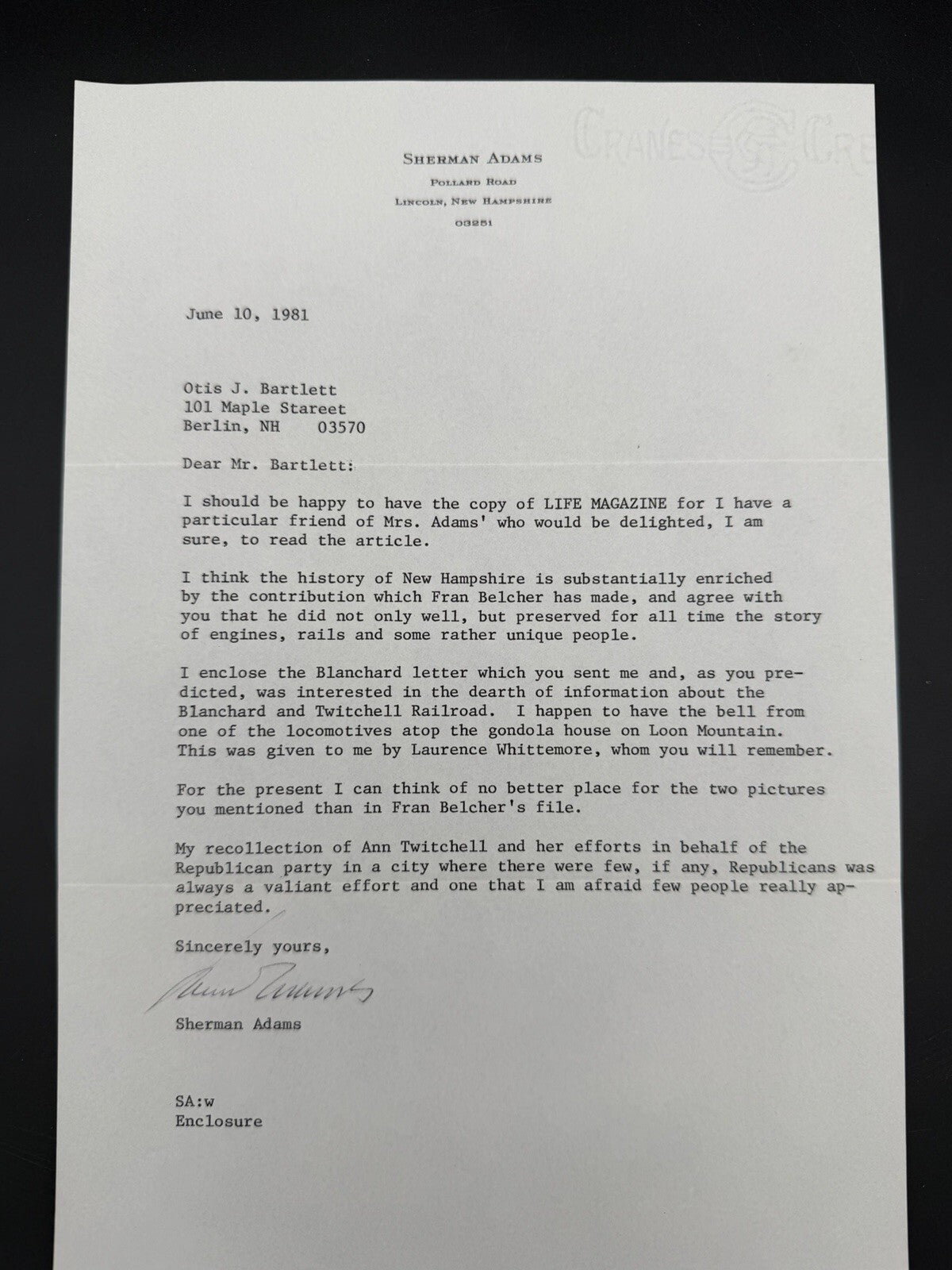 Sherman Adams (Eisenhower Chief of Staff) 1981 SIGNED Letter NH Governor Paper