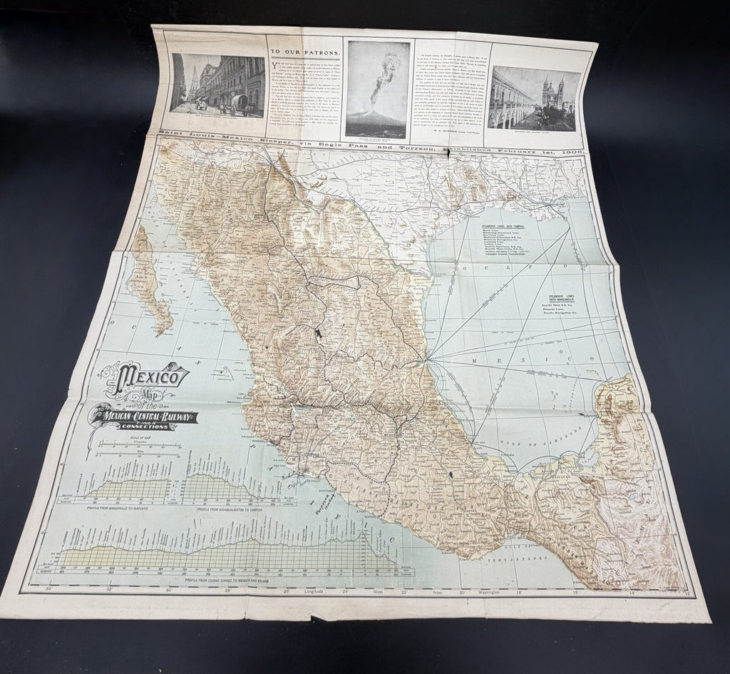1906 Mexican Central Railway Ephemera Map & Schedule Vintage Railroad Ephemera