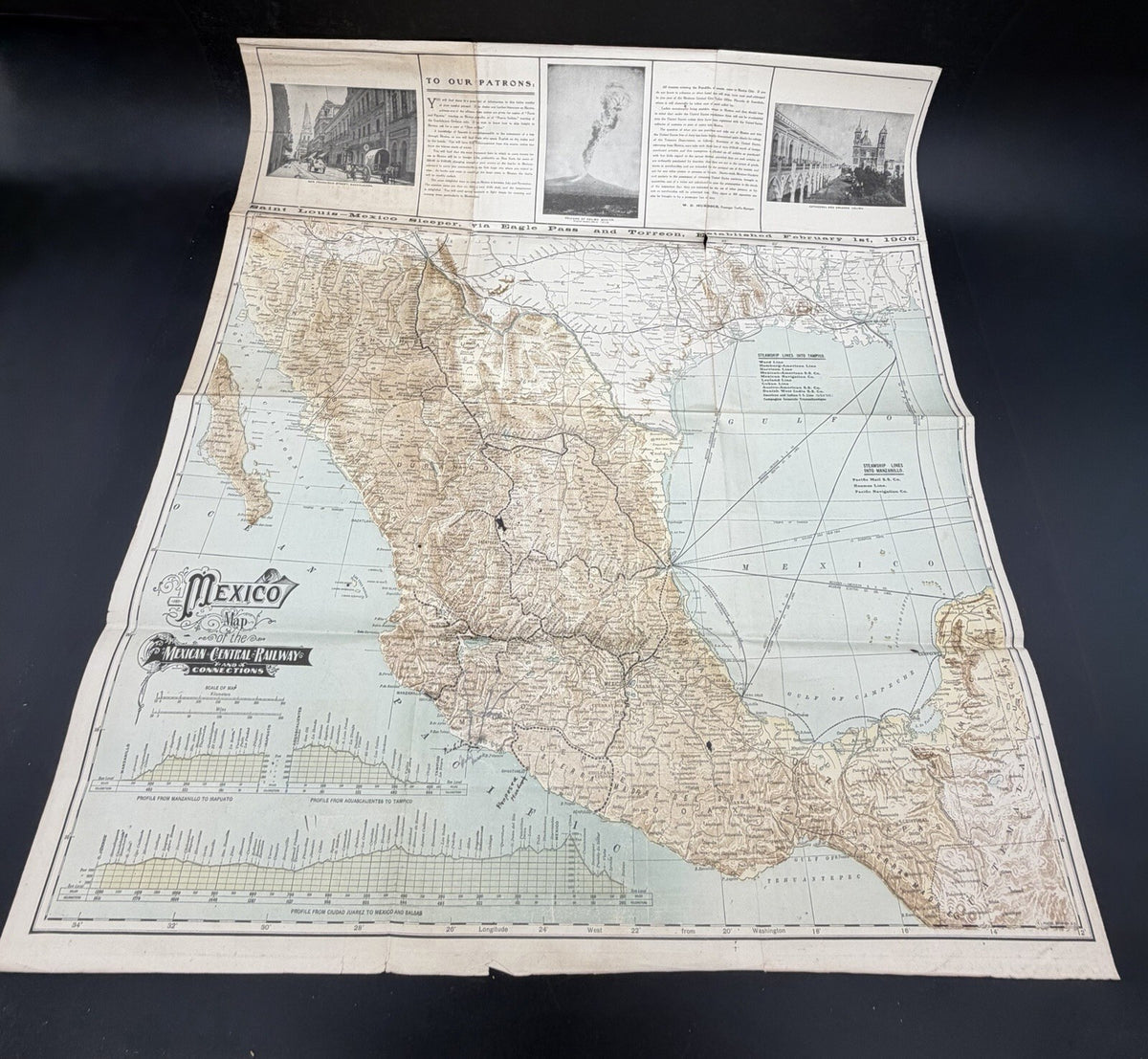 1906 Mexican Central Railway Ephemera Map & Schedule Vintage Railroad Ephemera