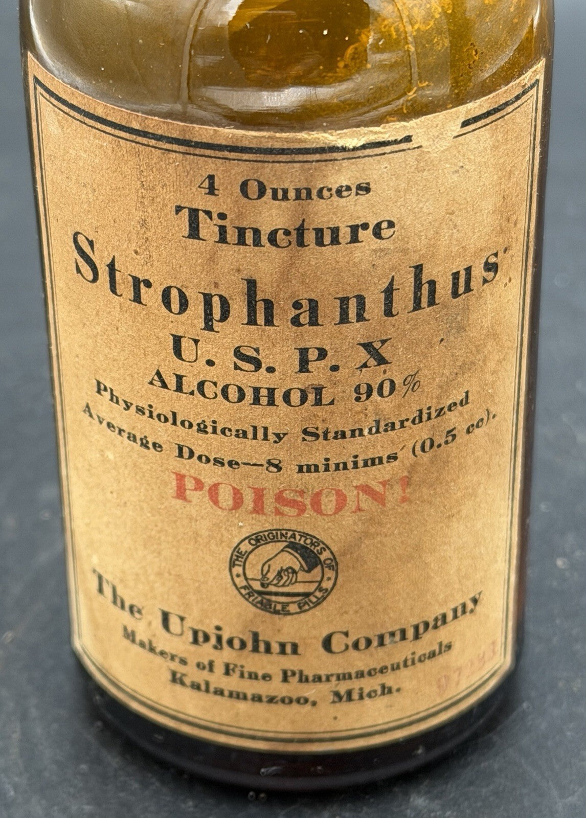 Antique Upjohn Tincture Strophanthus Poison Amber Bottle Pharmacy w Label Old