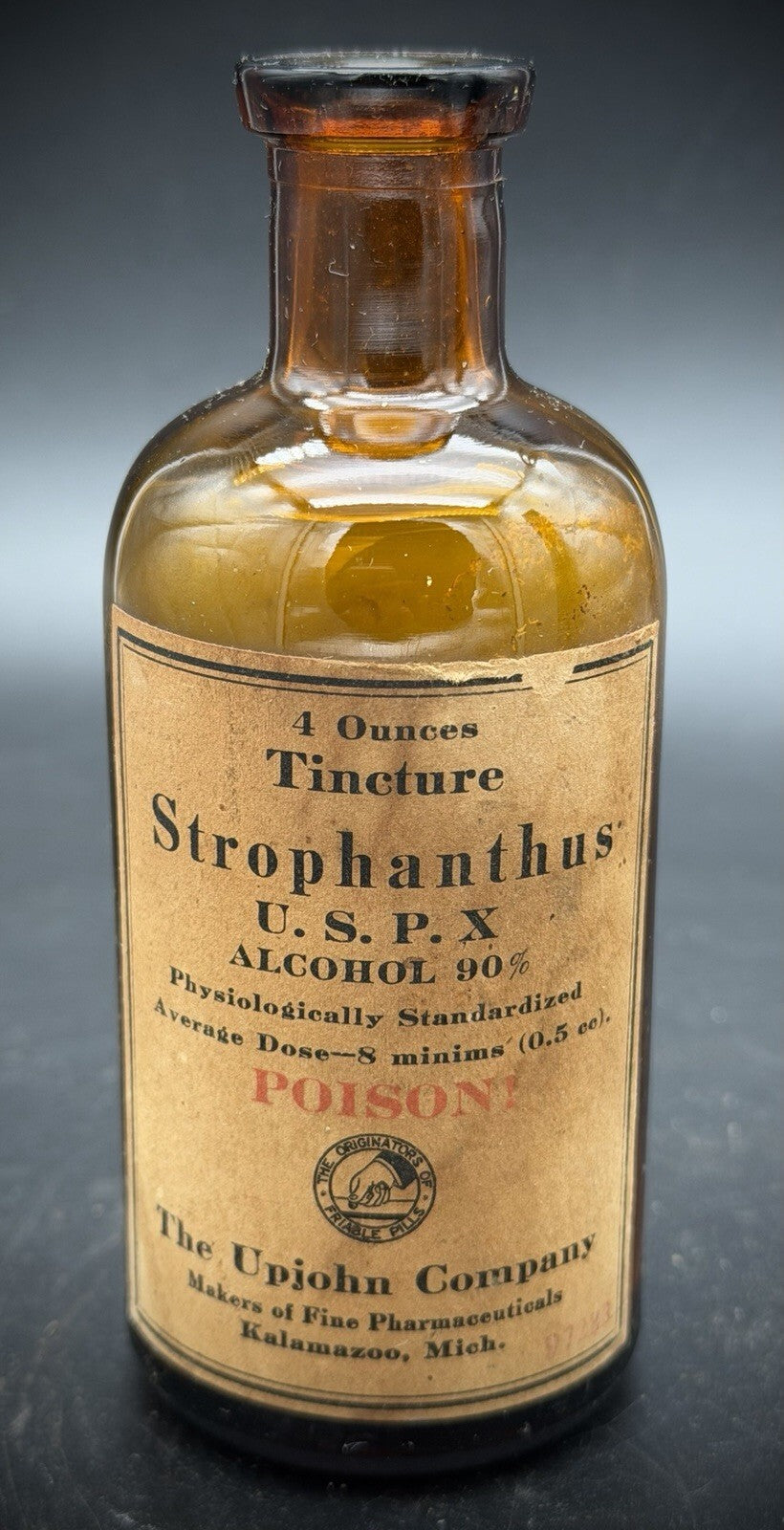 Antique Upjohn Tincture Strophanthus Poison Amber Bottle Pharmacy w Label Old