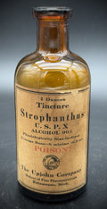 Antique Upjohn Tincture Strophanthus Poison Amber Bottle Pharmacy w Label Old