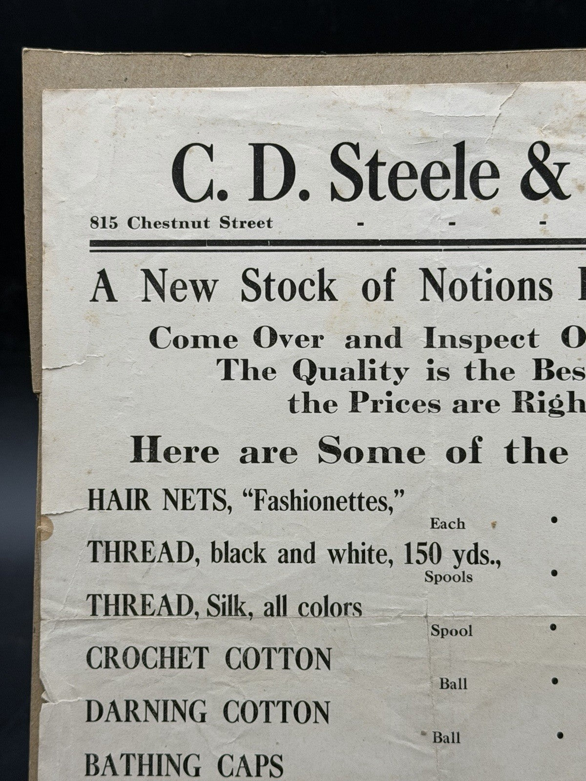 Vintage C.D. Steele & Sons Manchester NH Advertising Broadside Notions Ice Cream