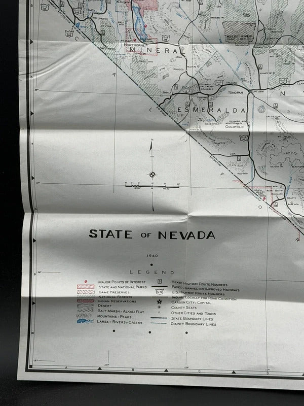 Vintage 1940 State of Nevada Folding Map Large 30x22 Highways County Line