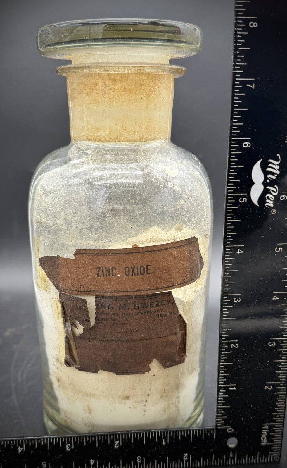 Antique Zinc Oxide Large Apothecary Bottle Glass Stopper Pharmacy Label New York