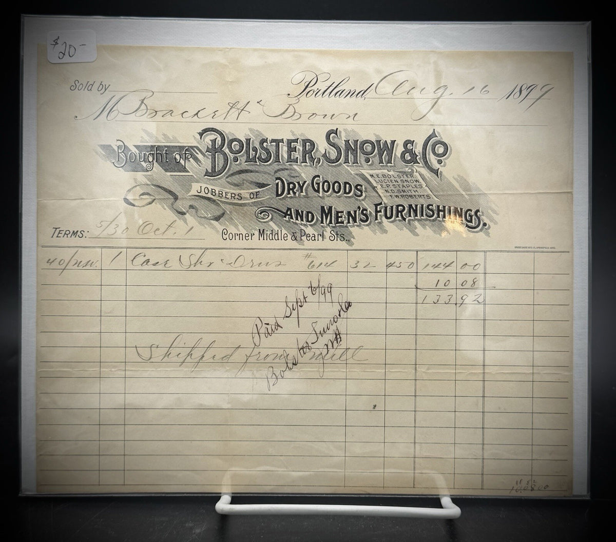 1897 Bolster, Snow and Co. Billhead – Portland ME Dry Goods Men's Furnishings