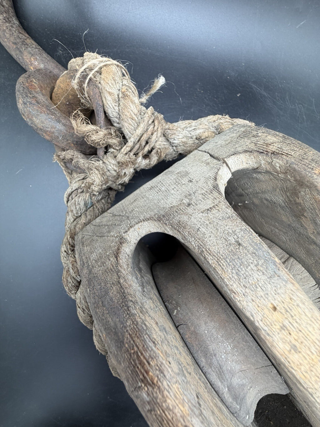 Antique Rope Stropped Wooden Double Pulley Block Forged Iron Hook Barn Salvage
