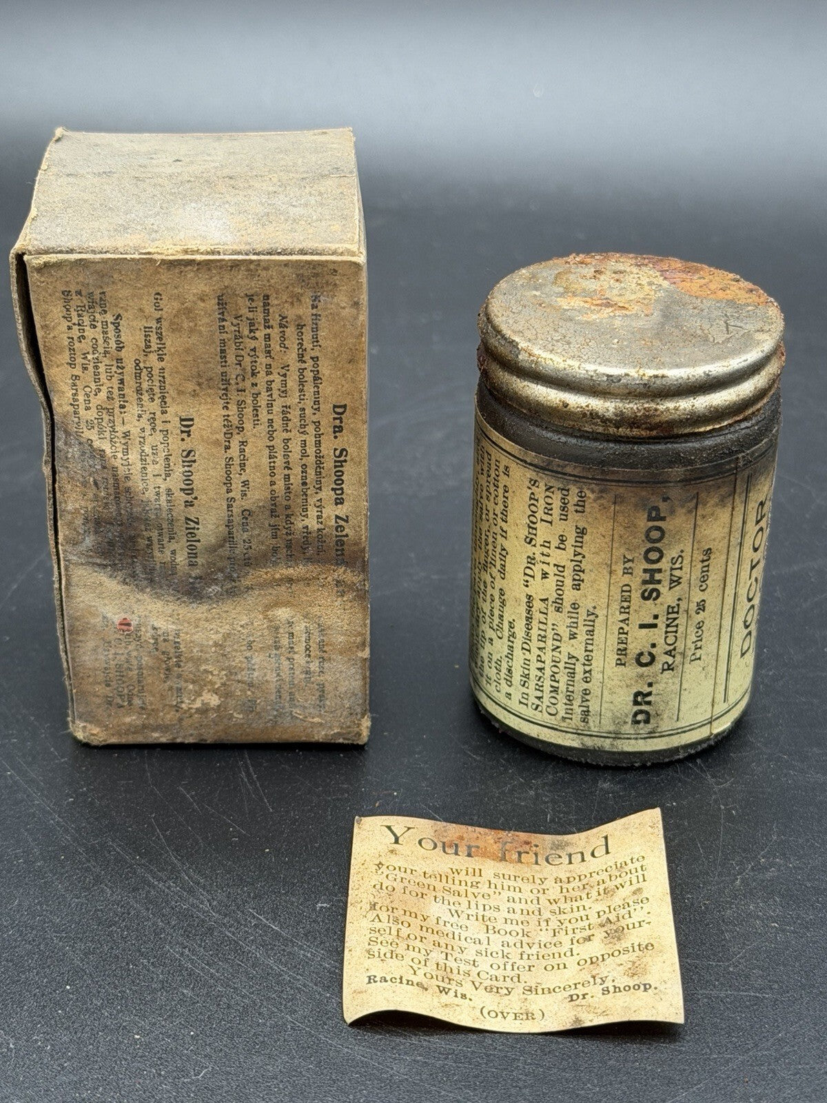 Antique Dr. Shoop's Green Salve Tin w/ Original Box & Insert Card Racine Wis