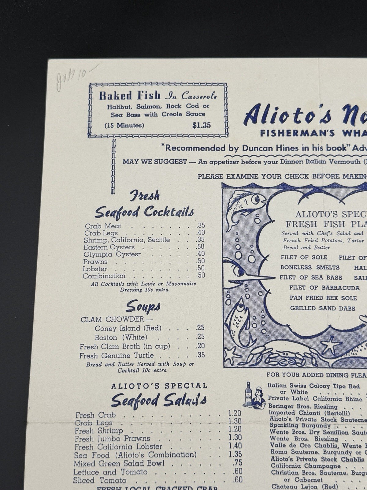 Original 1949 Alioto's No. 8 Fisherman's Wharf Restaurant Menu San Francisco