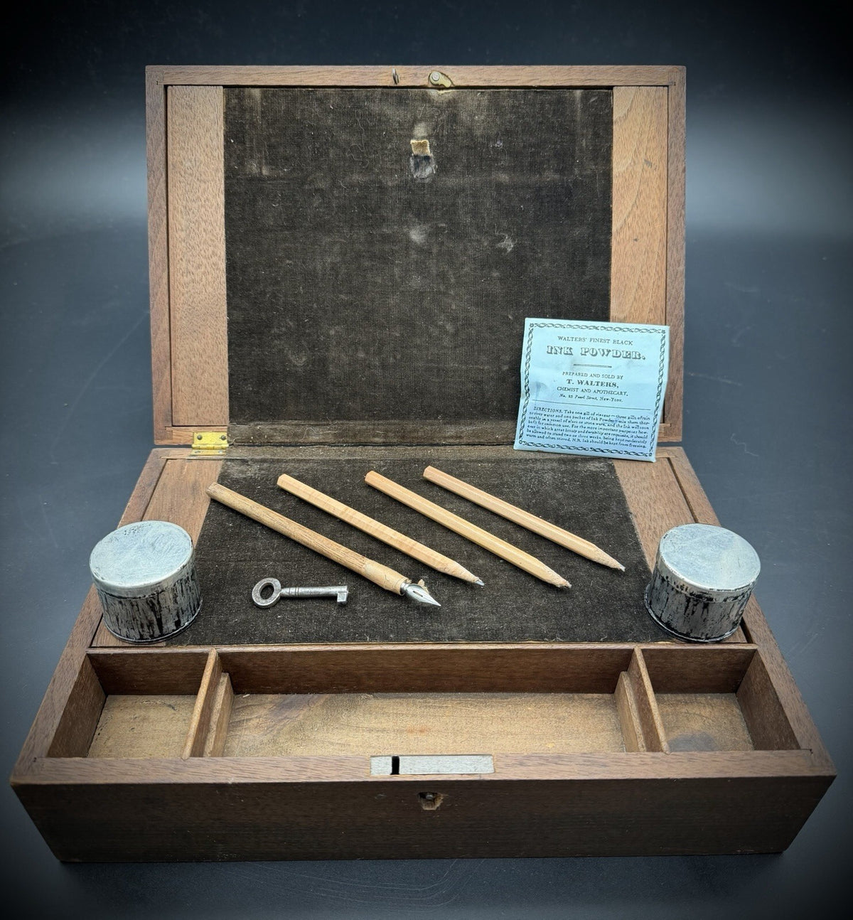 Antique 19th Century Wooden Writing Box T. Walters Chemist Ink Powder & Pen Set