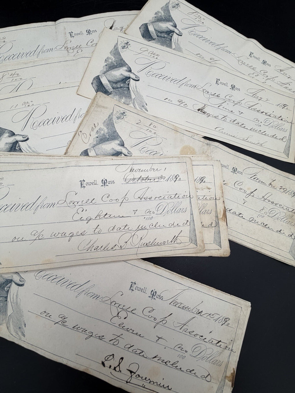 Antique 1890s Lowell Mass Coop Association Wage Receipts Vignette Ephemera Lot