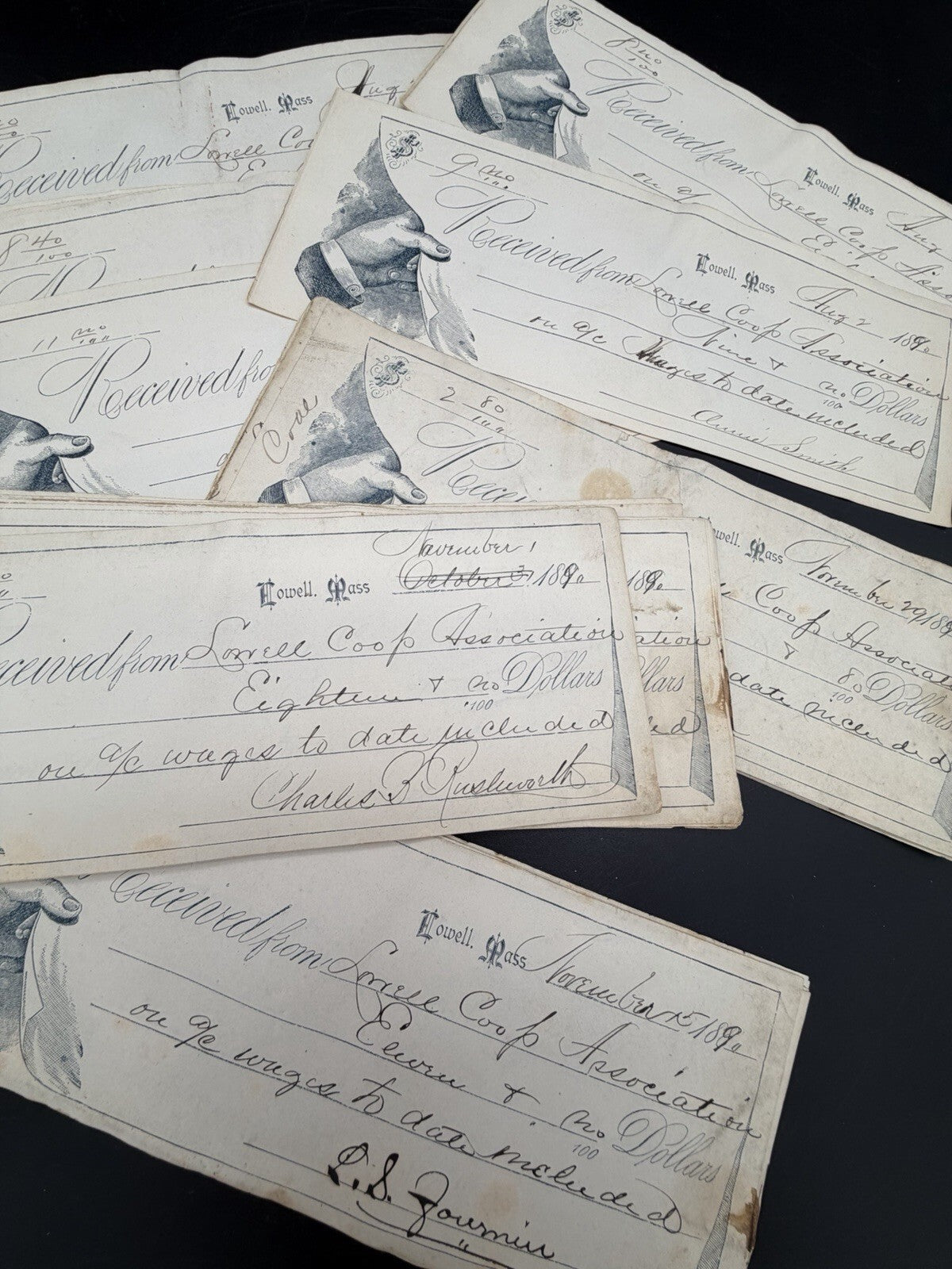 Antique 1890s Lowell Mass Coop Association Wage Receipts Vignette Ephemera Lot