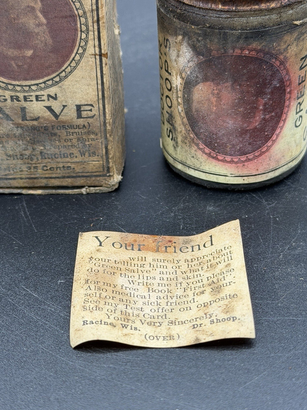 Antique Dr. Shoop's Green Salve Tin w/ Original Box & Insert Card Racine Wis