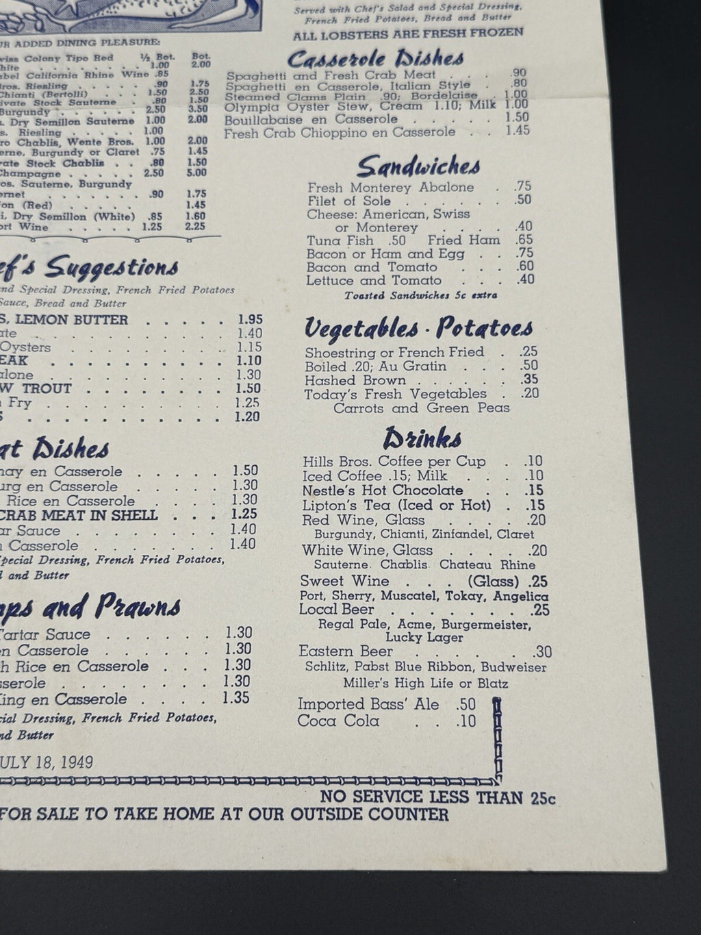 Original 1949 Alioto's No. 8 Fisherman's Wharf Restaurant Menu San Francisco
