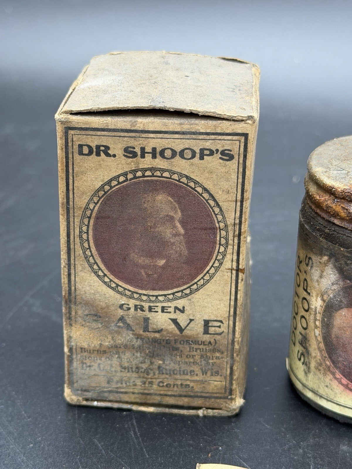 Antique Dr. Shoop's Green Salve Tin w/ Original Box & Insert Card Racine Wis