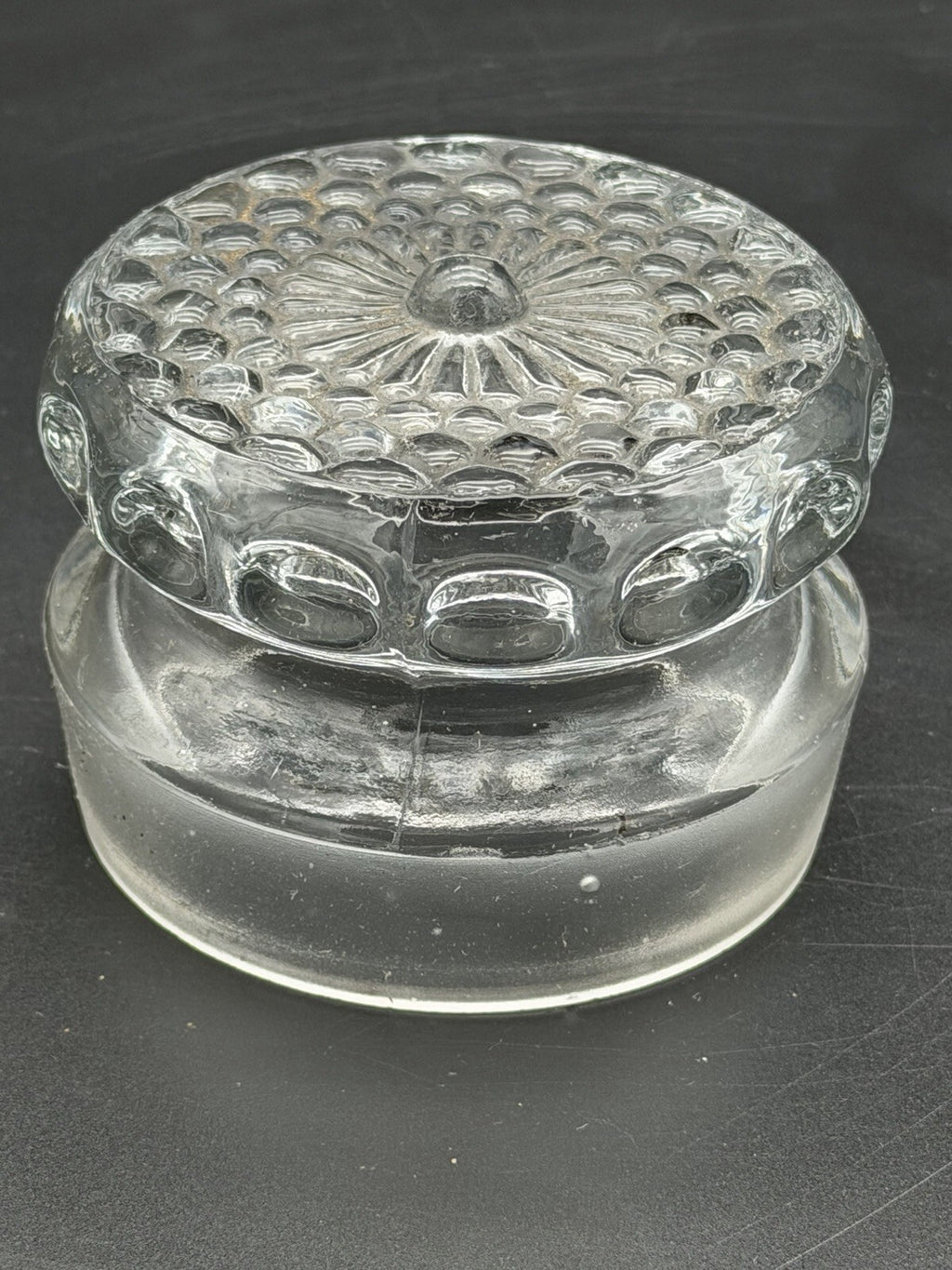 Antique Clear Glass Apothecary Jar Lid Old Replacement 3 1/4” Wide Small Chip