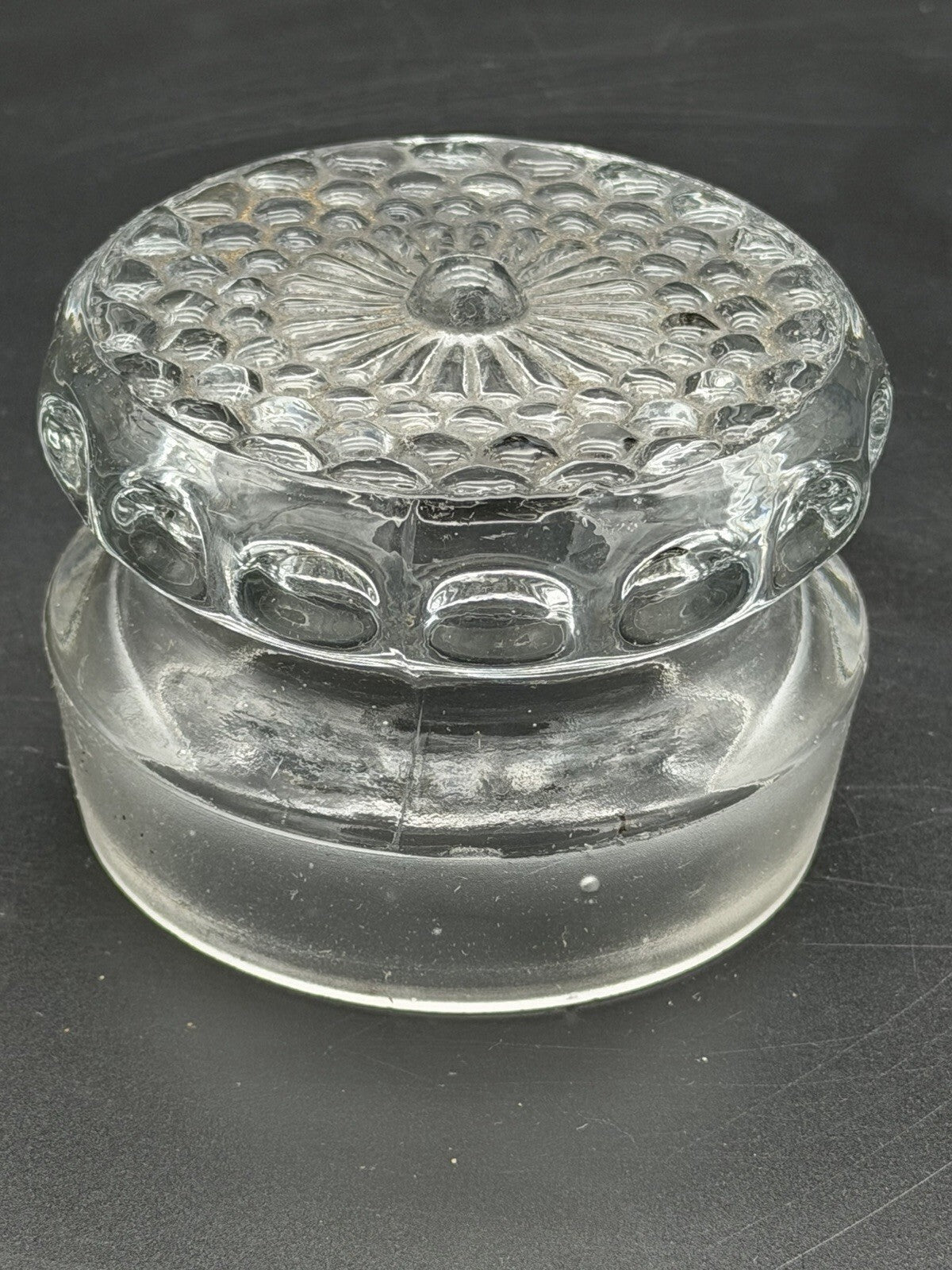 Antique Clear Glass Apothecary Jar Lid Old Replacement 3 1/4” Wide Small Chip