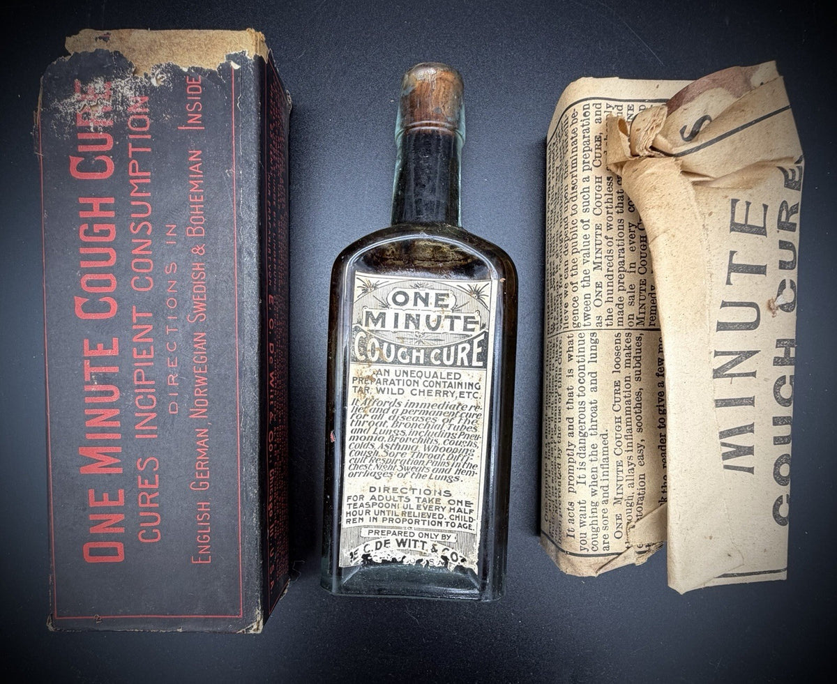 Antique 1890s DeWitt's One Minute Cough Cure Bottle w/ Original Box & Papers