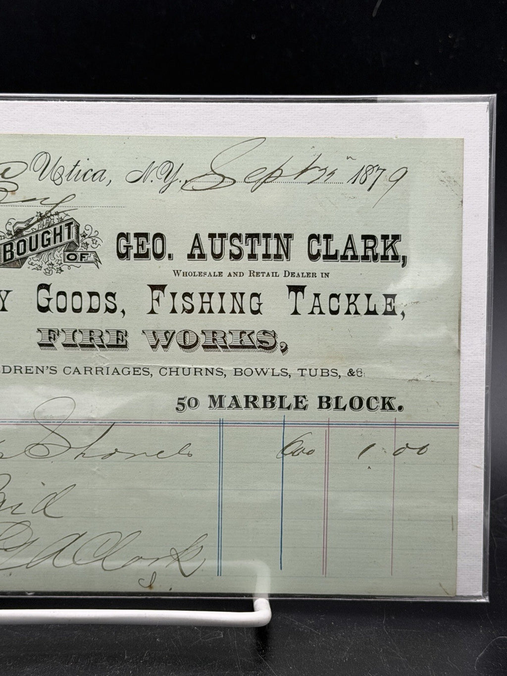 1879 Geo. Austin Clark Invoice – Utica NY Fishing Tackle Fancy Goods Ephemera