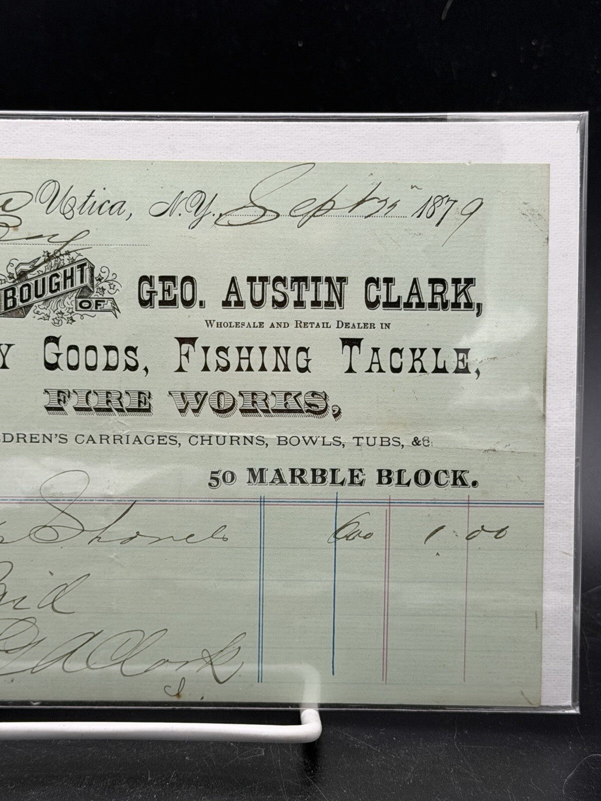 1879 Geo. Austin Clark Invoice – Utica NY Fishing Tackle Fancy Goods Ephemera