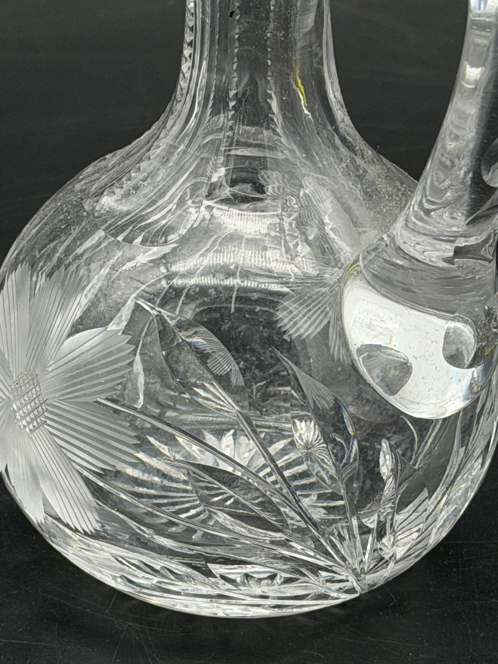 Antique Cut Glass Cruet Bottle Decanter Floral Wheel Cut Faceted Stopper As Is