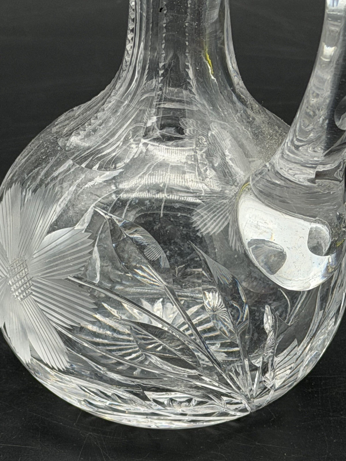 Antique Cut Glass Cruet Bottle Decanter Floral Wheel Cut Faceted Stopper As Is