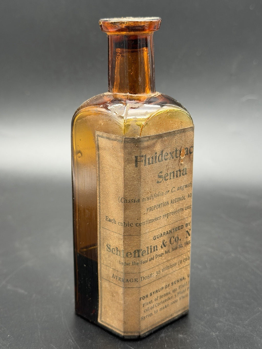 Antique Schieffelin & Co Fluidextract Senna Amber Medicine Bottle Original Label
