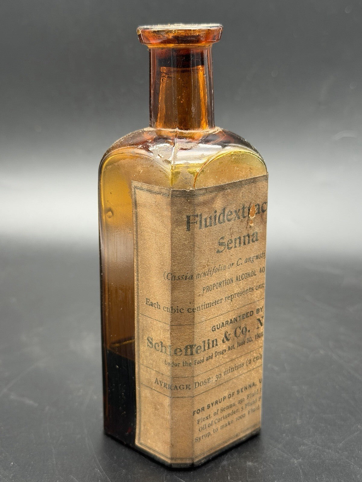 Antique Schieffelin & Co Fluidextract Senna Amber Medicine Bottle Original Label
