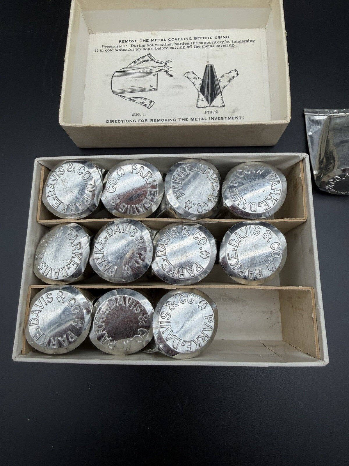 Antique Parke Davis and Co. Metal Foil Suppository Box with Inserts