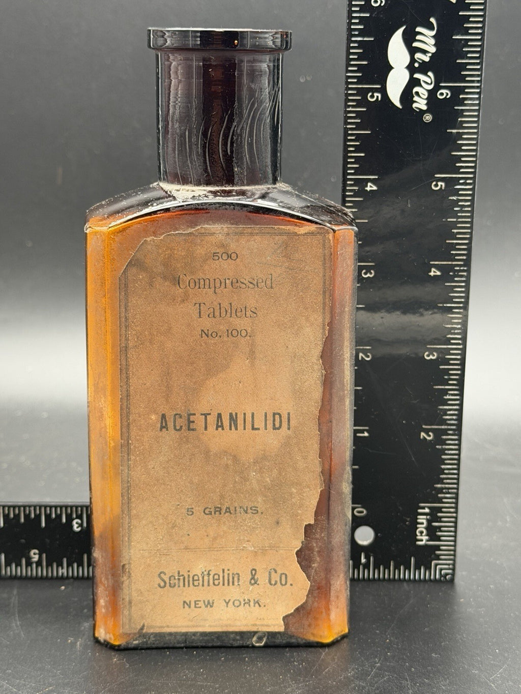 Antique Schieffelin and Co. Acetanilide Amber Glass Bottle w Label Quack Medicine