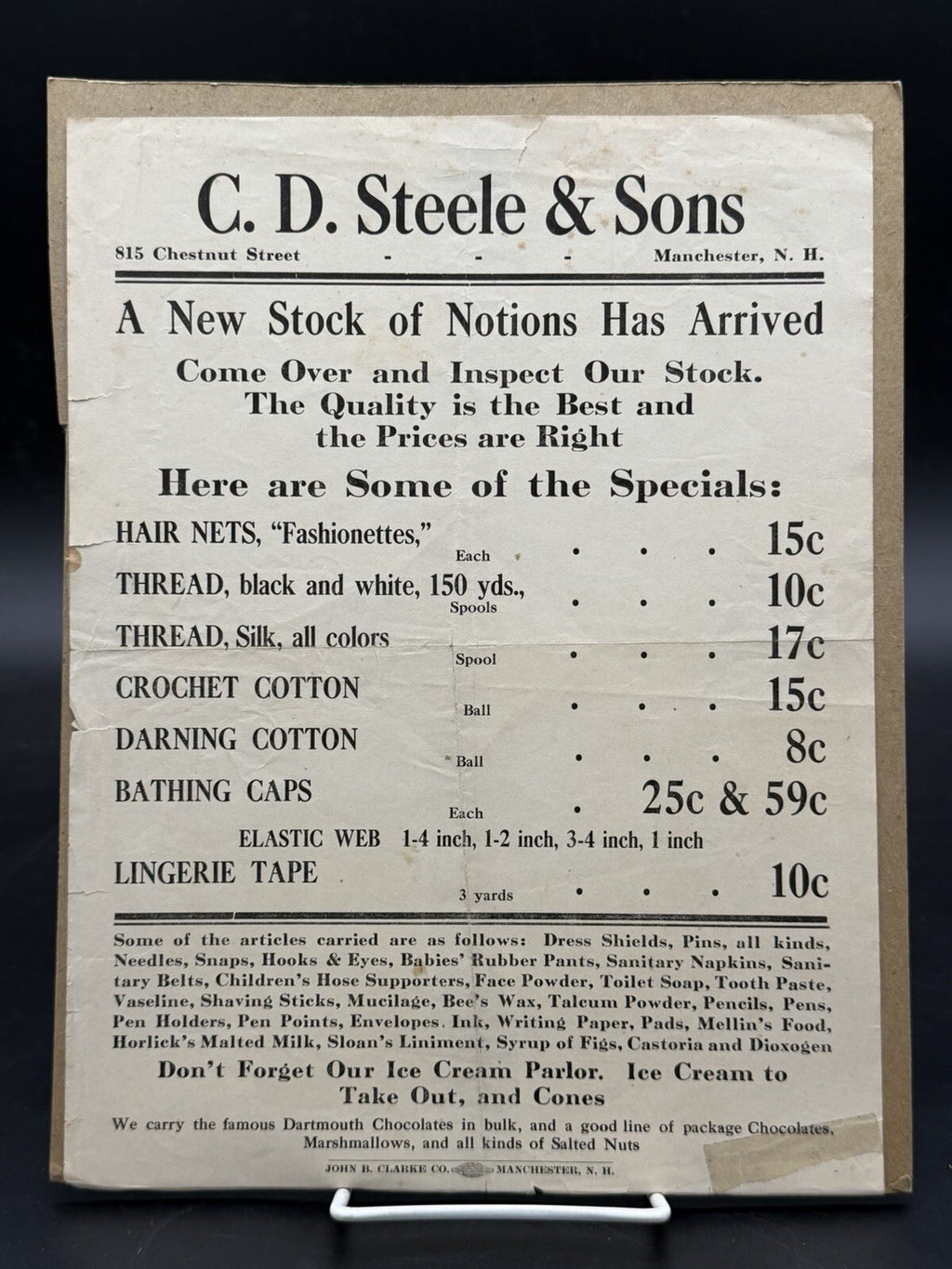Vintage C.D. Steele & Sons Manchester NH Advertising Broadside Notions Ice Cream