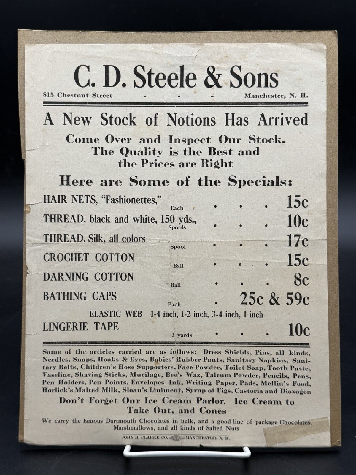 Vintage C.D. Steele & Sons Manchester NH Advertising Broadside Notions Ice Cream