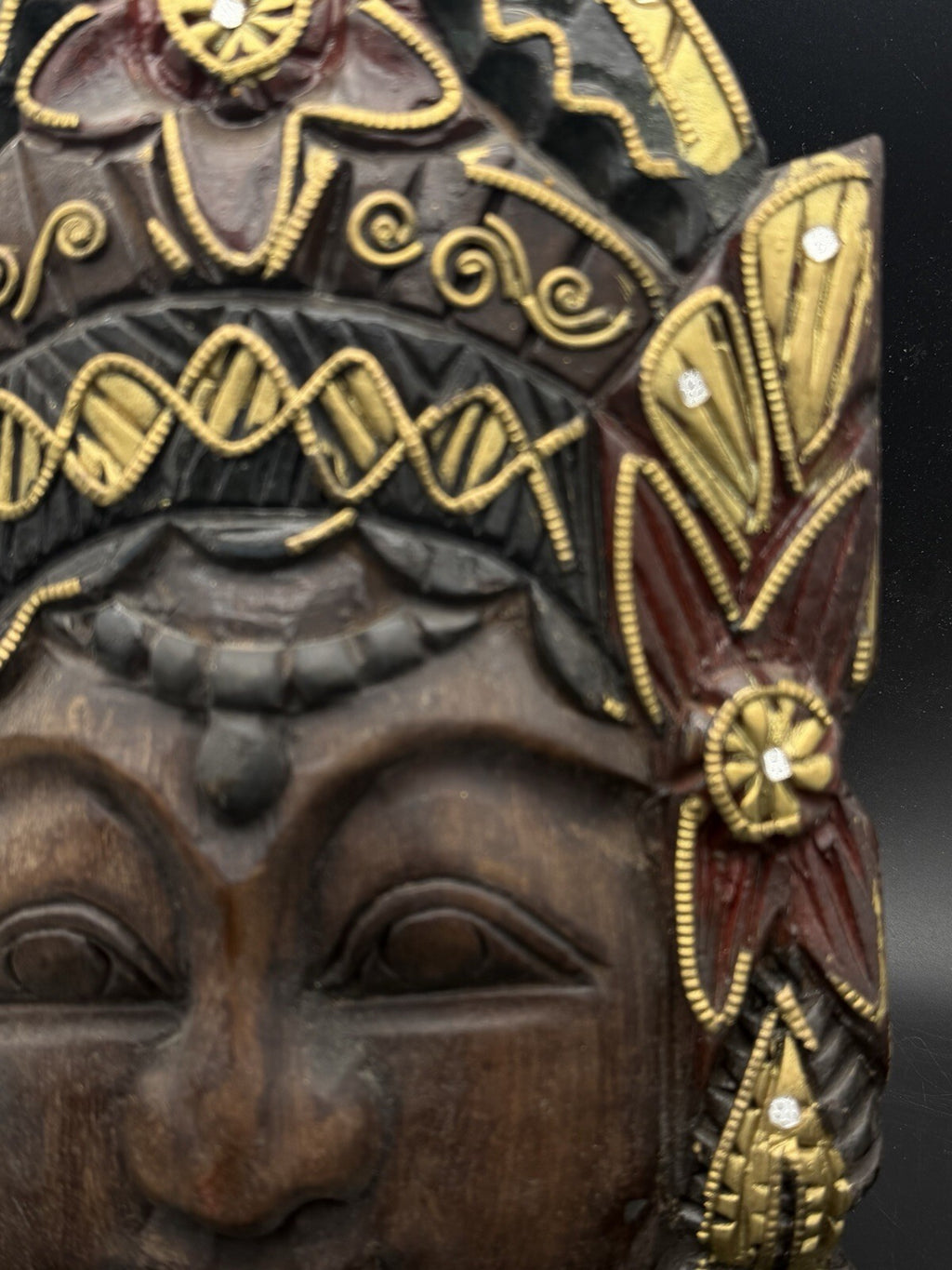 Vintage Balinese Wooden Mask Hand Carved Goddess Mirror Inlays Gold Painted 10"