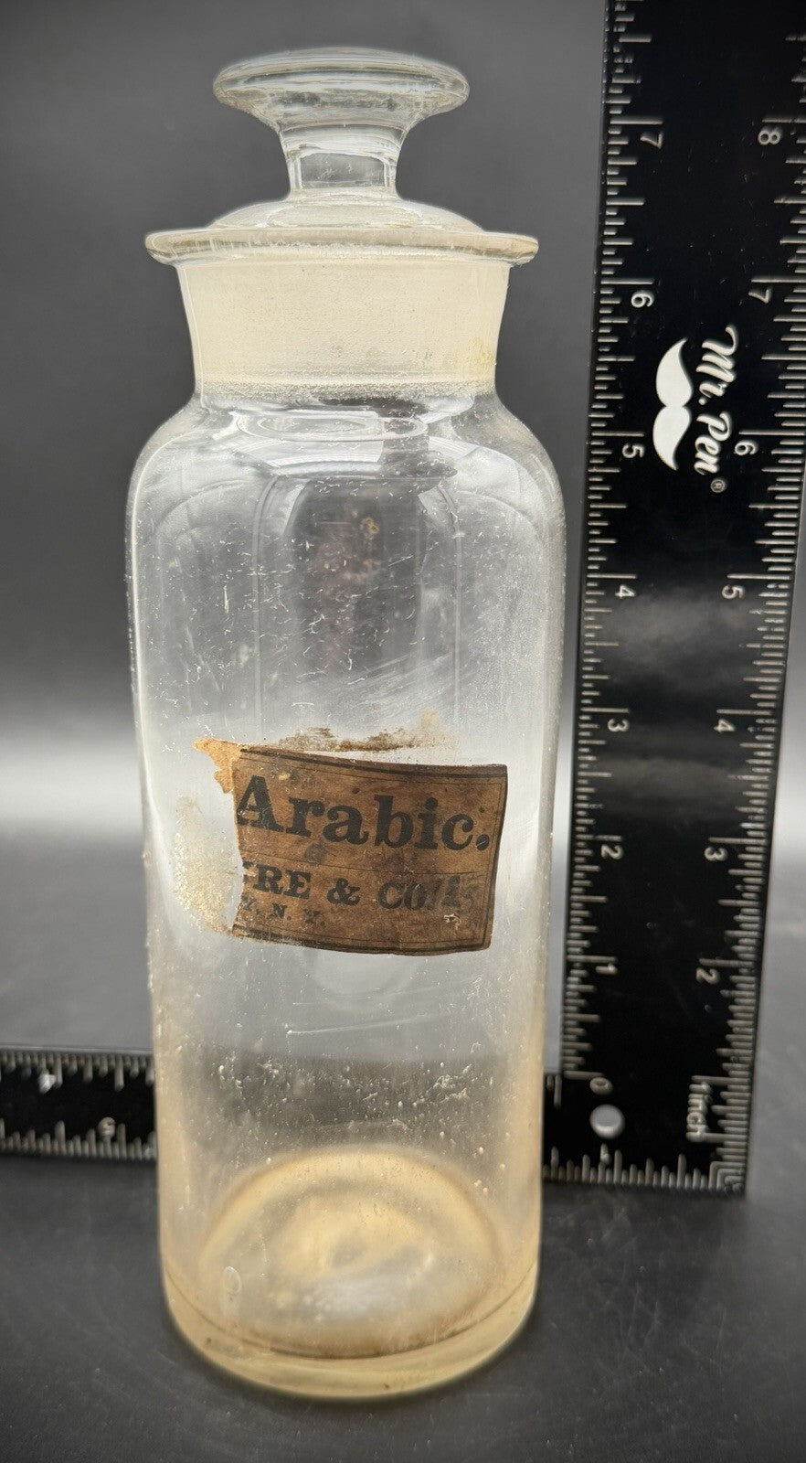 Antique Vintage Glass Apothecary Bottle "Arabic" Label w/ Ground Glass Stopper