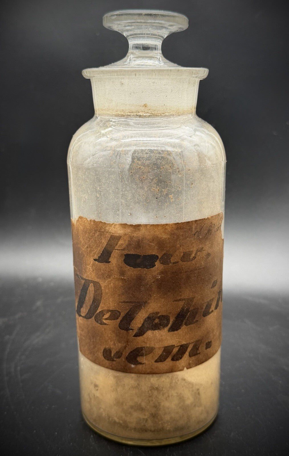 Antique Apothecary Jar Glass Stopper Paper Label Delphinium Pharmacy Bottle