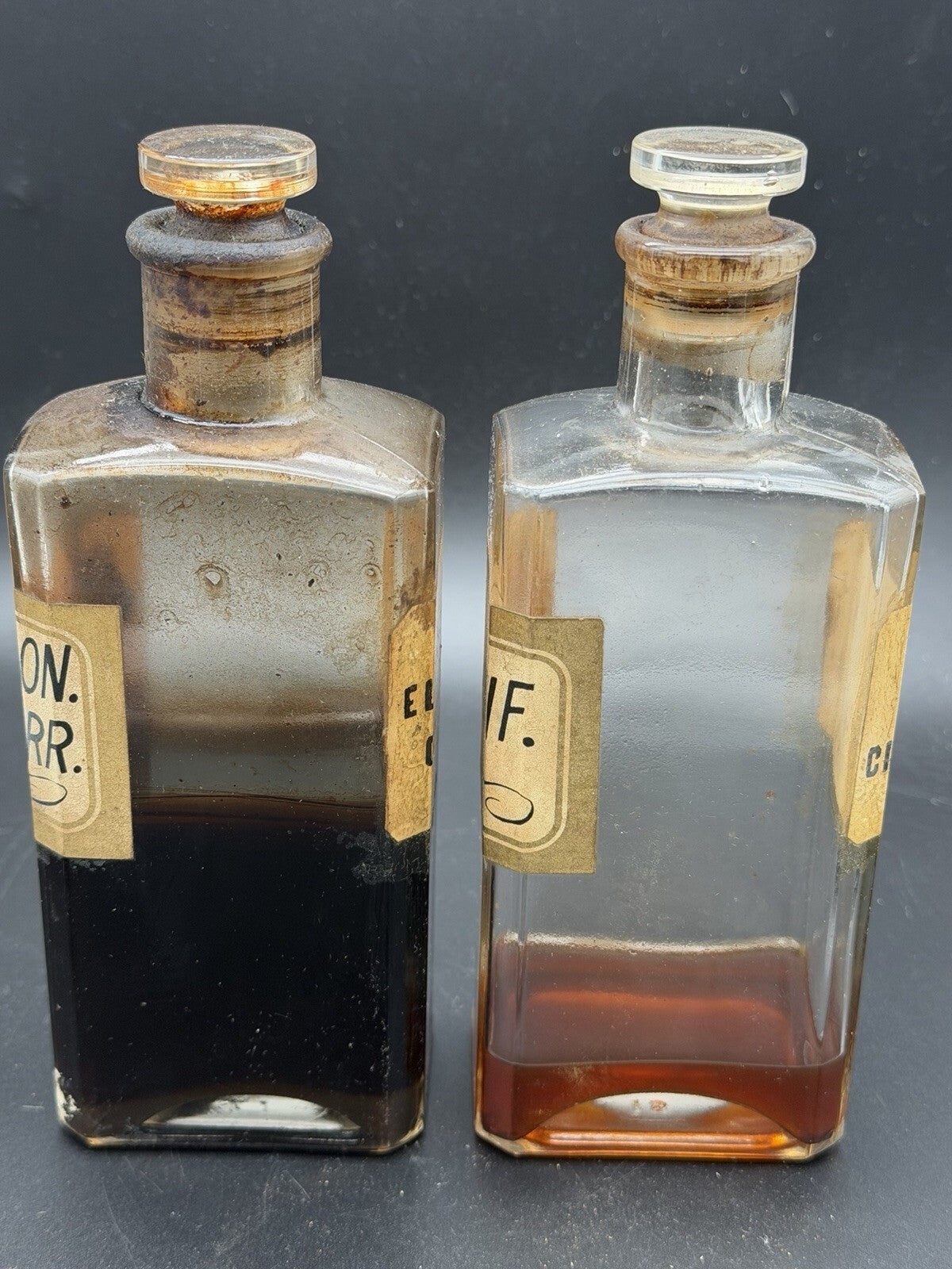 Pair Antique Apothecary Bottles Tincture Cimicifuga & Elixir Cinchona