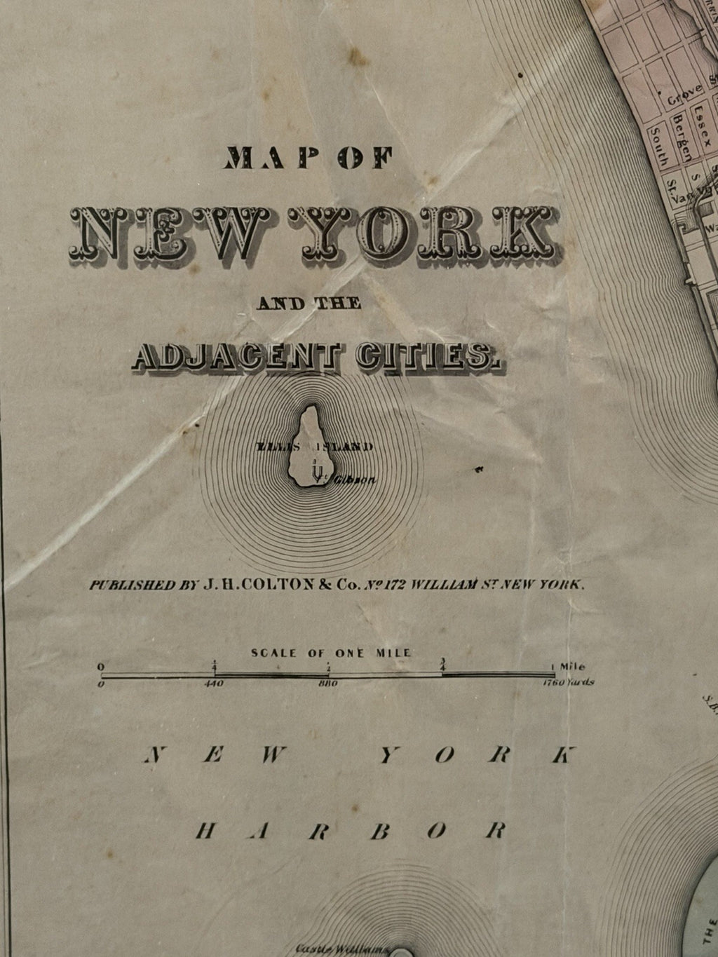 1855 J.H. Colton Antique Map of New York & Adjacent Cities Original Hand Color