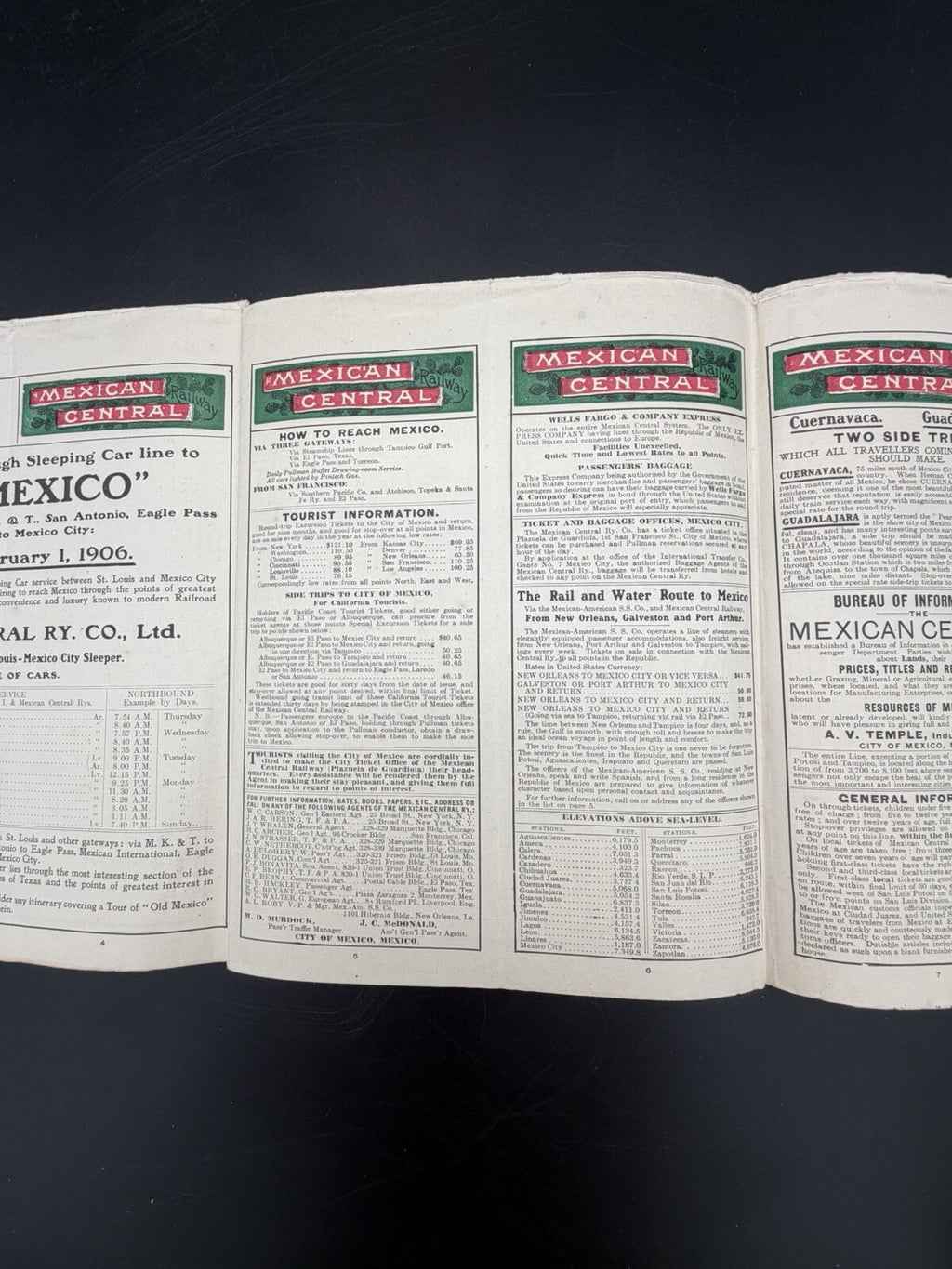 1906 Mexican Central Railway Ephemera Map & Schedule Vintage Railroad Ephemera