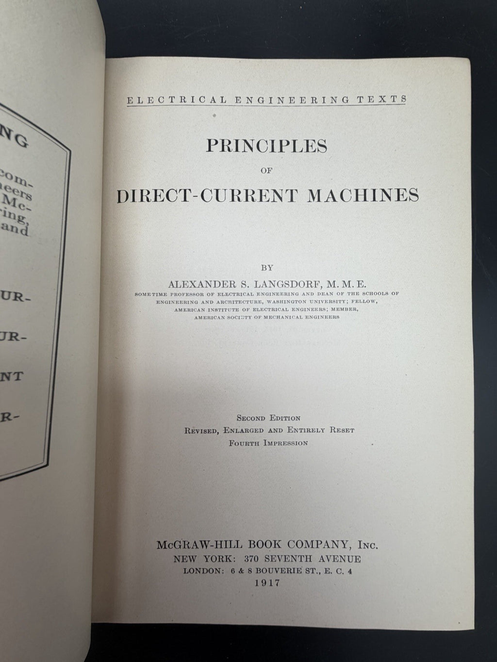 Book, Principles of Direct Current Machines by Alexander Langsdorf 1923 Illustrated HC