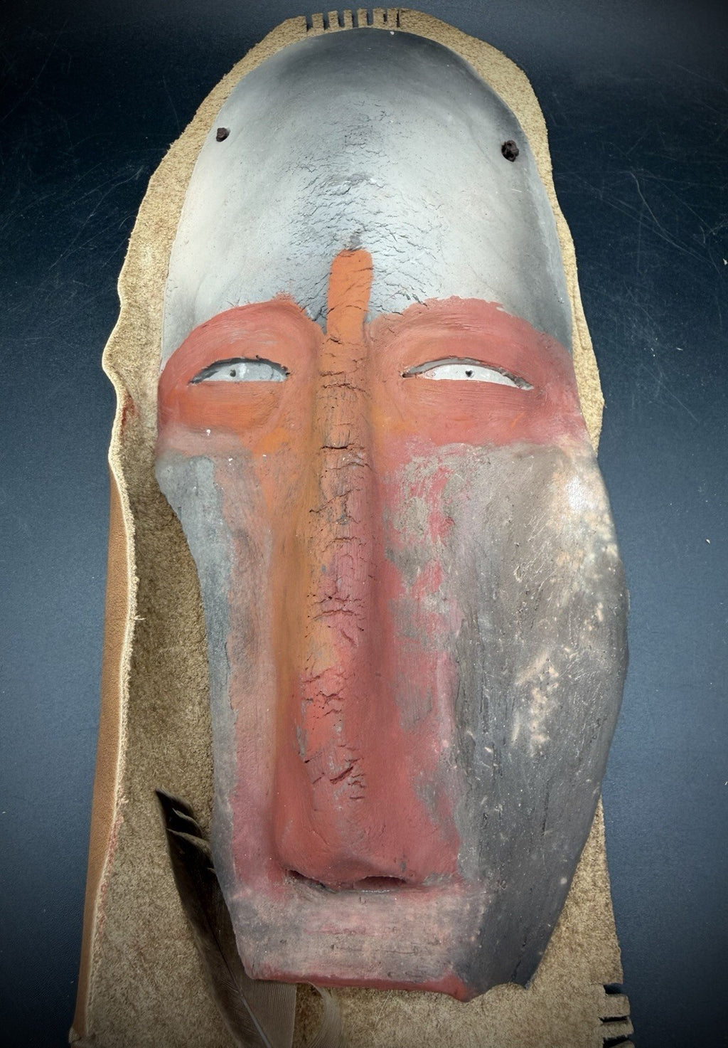 Handmade Clay Face Mask Leather Beaded Feather Wall Hanging Folk Art