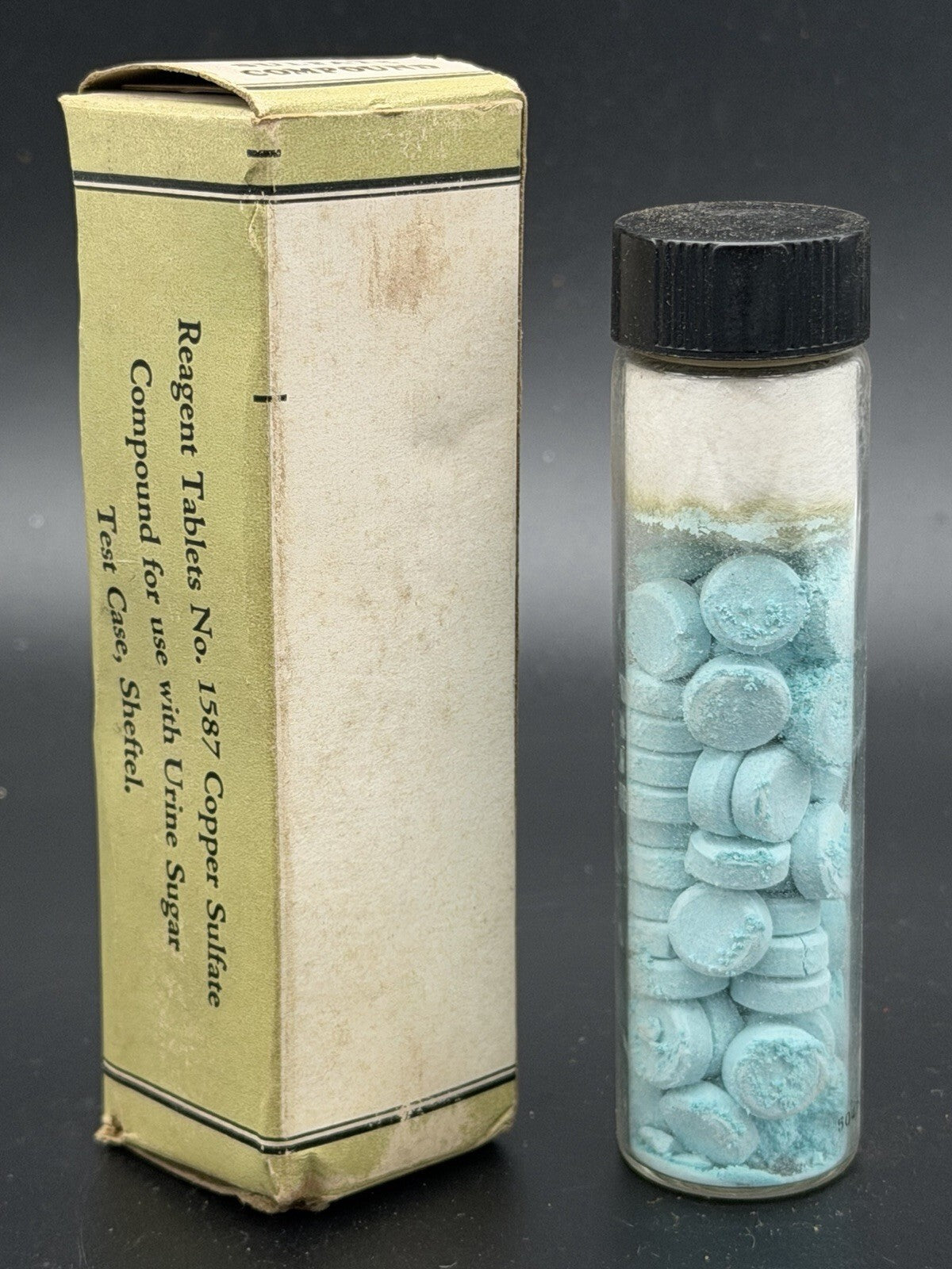 Vintage Eli Lilly Copper Sulfate Compound No. 1587 Reagent Tablets Vial & Box